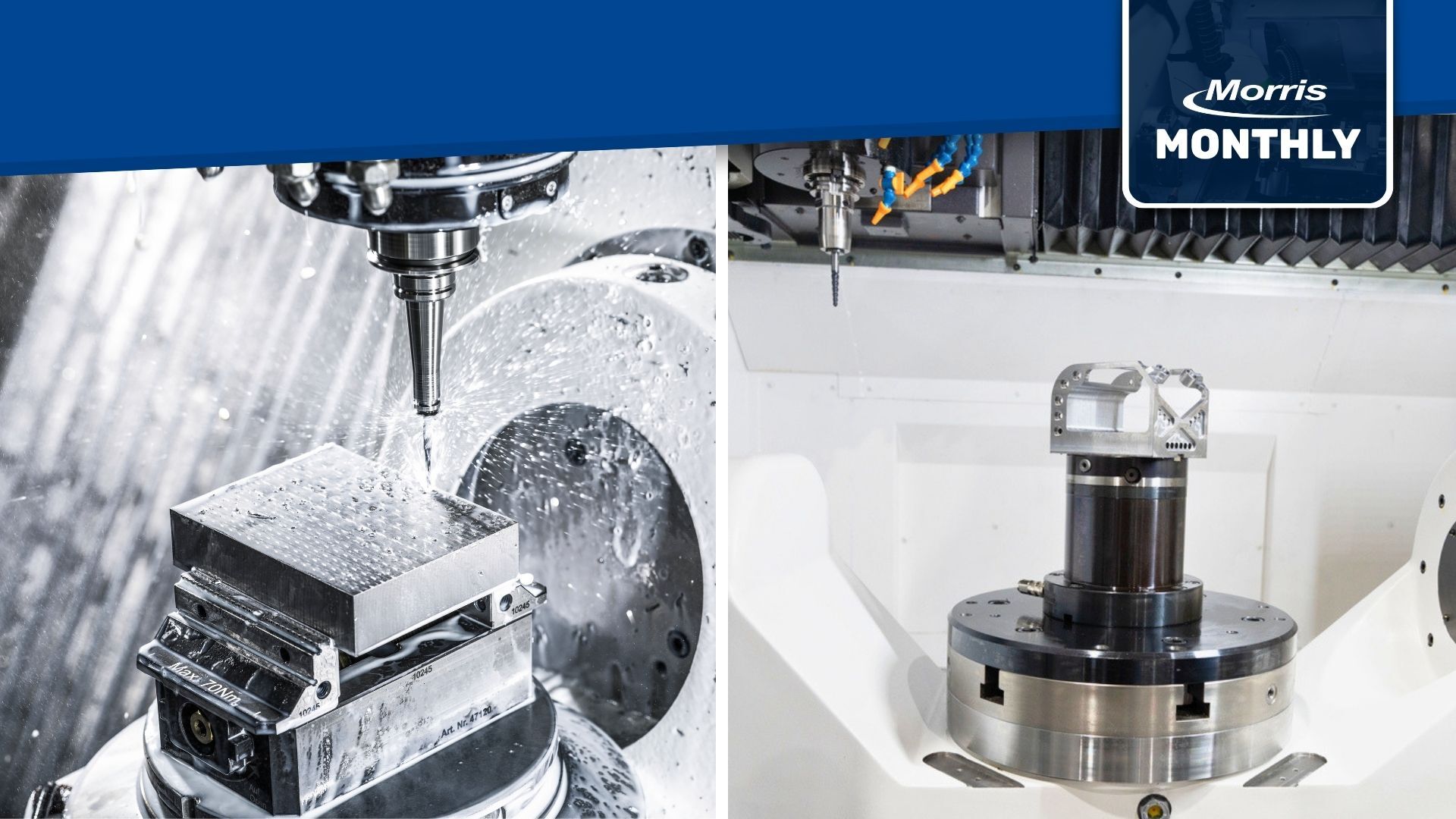 5 axis CNC machining center cutting a metal block with coolant alongside a trunnion table setup machining a multi face precision part